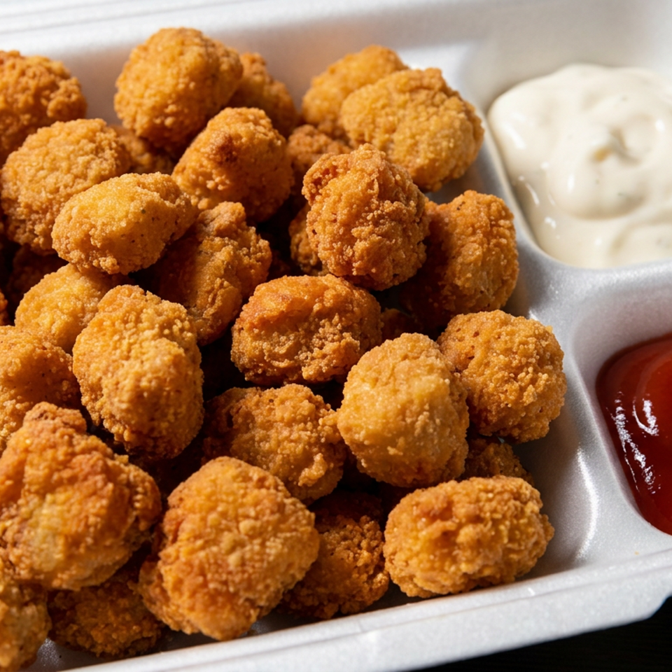 Crispy golden fried bites in a foam takeout tray with creamy dipping sauce and ketchup.