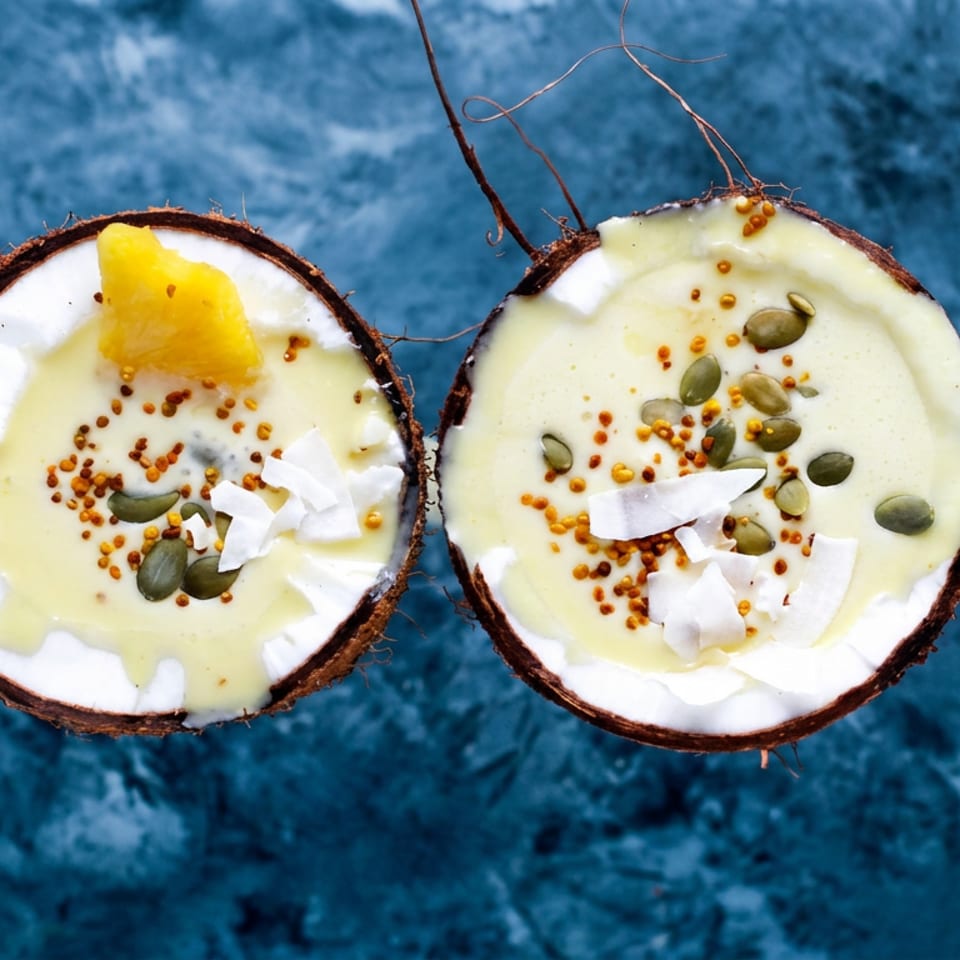 Four coconut halves filled with creamy dessert, topped with pumpkin seeds, bee pollen, coconut flakes, and mango.