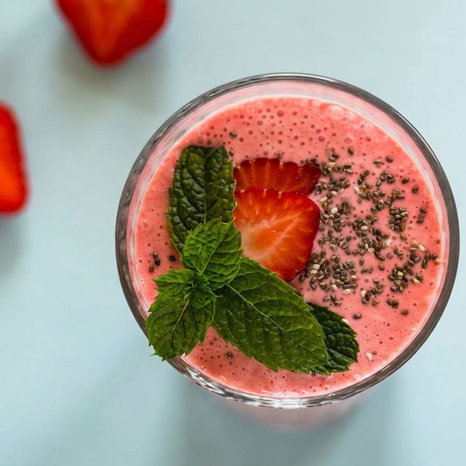 Pink strawberry smoothie topped with chia seeds, sliced strawberries, and fresh mint in a glass on a blue surface.