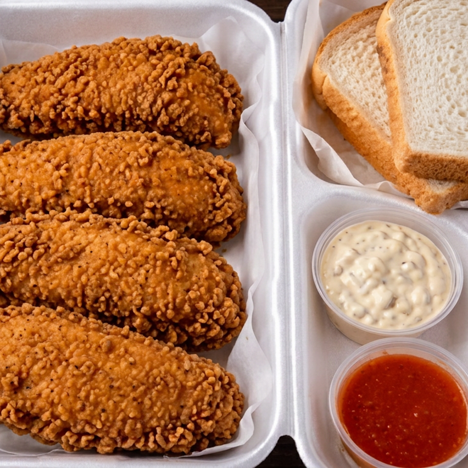 Four crispy fried chicken tenders with white bread, creamy dipping sauce, and red sauce in a takeout container.