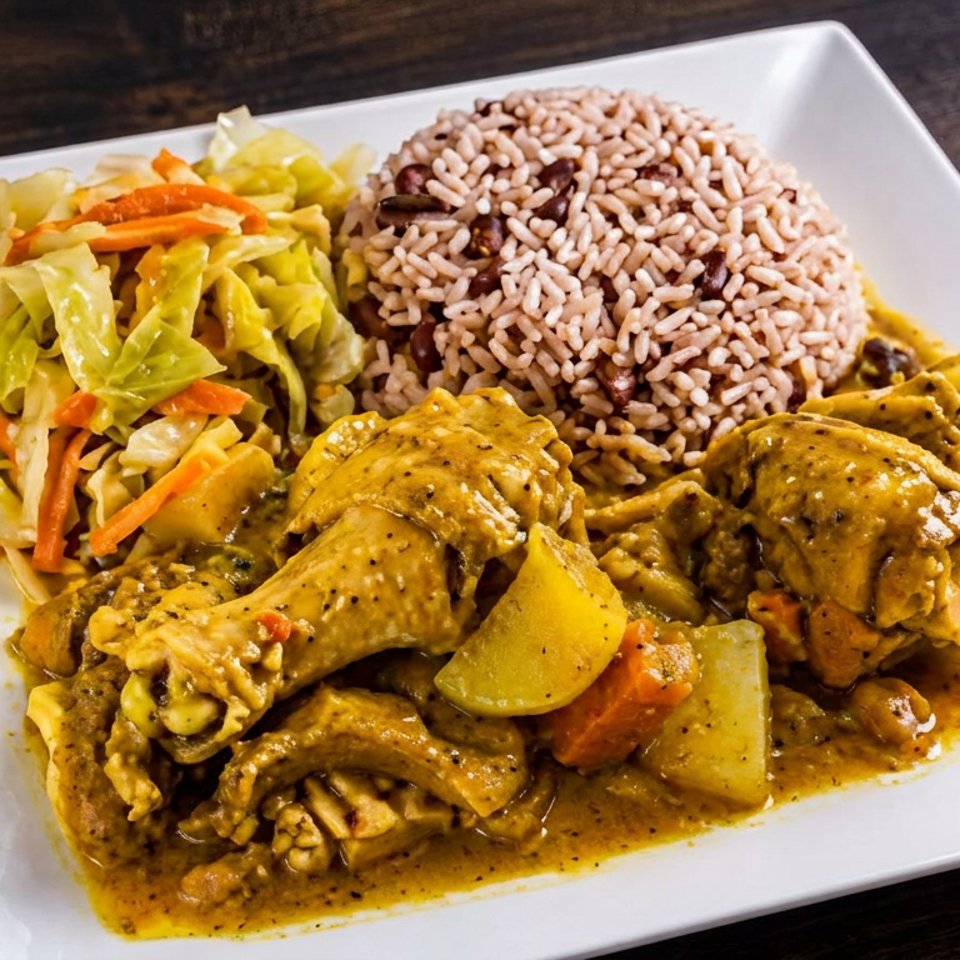 Plate of curry chicken with potatoes and carrots, sautéed cabbage, and rice with beans on a white square plate.
