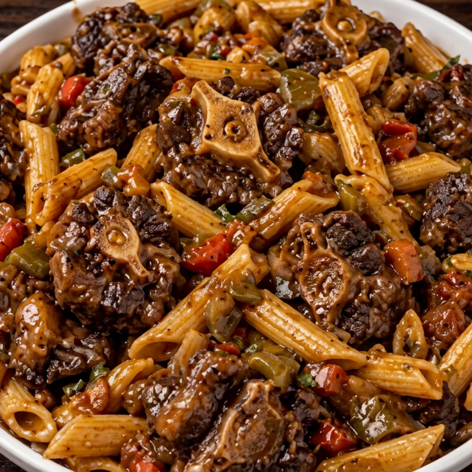 Bowl of penne pasta with braised oxtail pieces, peppers, and savory sauce on a dark wooden table.
