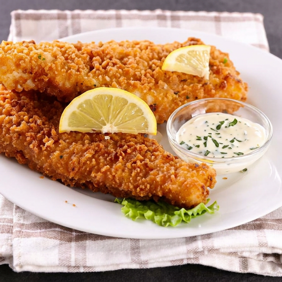 Three crispy breaded fish fillets with lemon wedges, tartar sauce, and lettuce on a white plate.