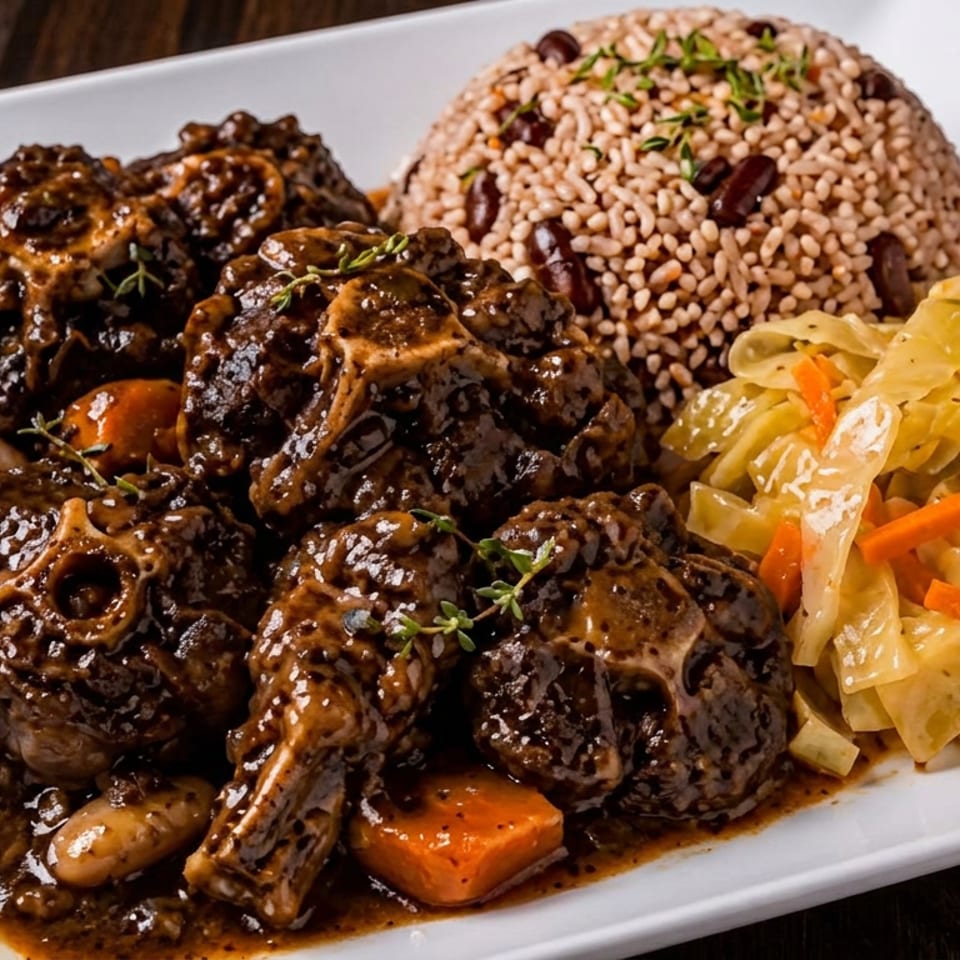 Braised oxtail with mushrooms and carrots, served with rice and peas and sautéed cabbage with carrots on a white plate.