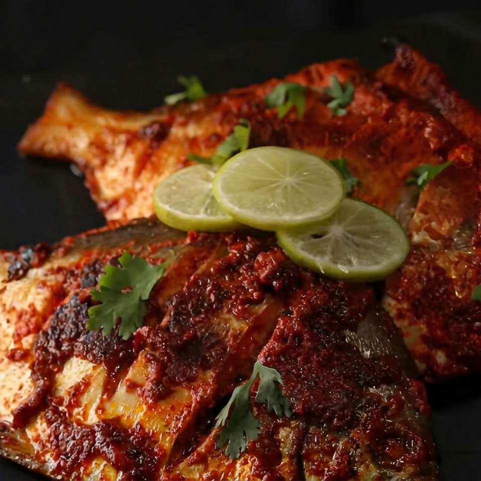 Grilled fish fillets coated in red chili sauce, garnished with lime slices and cilantro on a dark plate.
